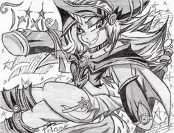 Size: 708x543 | Tagged: safe, artist:petanoprime, trixie, unicorn, semi-anthro, g4, arm hooves, blush sticker, blushing, clothes, cosplay, costume, crossover, dark magician girl, female, grayscale, grin, mare, monochrome, signature, smiling, text, traditional art, yu-gi-oh!