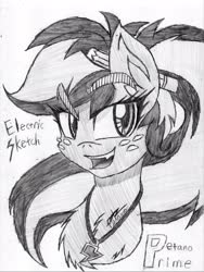 Size: 1543x2048 | Tagged: safe, artist:petanoprime, oc, oc only, oc:electric sketch, pegasus, pony, bust, chest fluff, female, freckles, grayscale, mare, monochrome, open mouth, pencil, signature, solo, text, traditional art