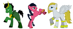 Size: 1188x470 | Tagged: safe, artist:lavvythejackalope, earth pony, pegasus, pony, braid, cloak, clothes, devil horns, female, frown, grin, lady sif, loki, male, mare, ponified, raised hoof, rearing, simple background, smiling, stallion, thor, unshorn fetlocks, white background
