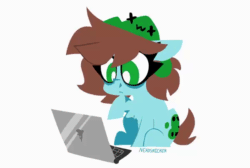 Size: 600x404 | Tagged: safe, artist:nekosnicker, oc, oc only, oc:neko, earth pony, pony, 69 (number), animated, computer, gif, grin, heart, keyboard, laptop computer, nice, sharp teeth, simple background, smiling, solo, teeth, white background