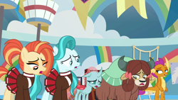 Size: 1920x1080 | Tagged: safe, screencap, lighthoof, ocellus, shimmy shake, smolder, yona, changedling, changeling, dragon, earth pony, pony, yak, 2 4 6 greaaat, g4, bags under eyes, bow, cheerleader, cheerleader outfit, clothes, dragoness, fangs, female, folded wings, monkey swings, net, open mouth, sigh, smolder is not amused, unamused, wings