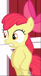 Size: 512x939 | Tagged: safe, screencap, apple bloom, earth pony, pony, g4, hearts and hooves day (episode), bipedal, bow, cropped, female, filly, hair bow, sneaking, solo