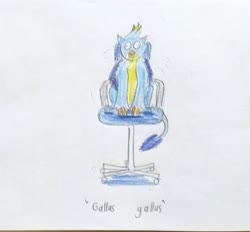Size: 3247x3016 | Tagged: safe, artist:horsesplease, gallus, g4, chair, derp, gallus the rooster, high res, male, office chair, solo, spinning, traditional art