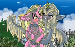 Size: 1920x1200 | Tagged: safe, artist:brainiac, derpibooru exclusive, luster dawn, oc, oc:solstice dream, kirin, pony, unicorn, g4, bedroom eyes, blushing, canon x oc, chest fluff, collar, cute, duo, female, horseshoes, interspecies, lidded eyes, looking back, looking over shoulder, luster mom, lusterbetes, male, mare, ocbetes, pet play, pregnancy test, pregnant, shipping, solster, stallion, straight, unshorn fetlocks