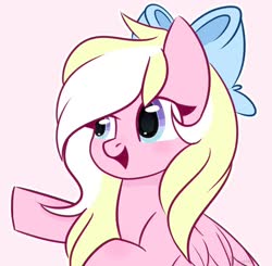 Size: 1200x1174 | Tagged: safe, artist:sleepyeggplant, oc, oc only, oc:bay breeze, pegasus, pony, bow, female, hair bow, mare, simple background, smiling, solo, white background