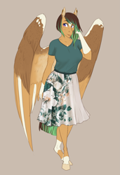 Size: 2161x3164 | Tagged: safe, artist:askbubblelee, oc, oc only, oc:kiwi breeze, pegasus, anthro, unguligrade anthro, anthro oc, arm freckles, clothes, digital art, ear piercing, female, freckles, high res, leg freckles, mare, neck freckles, piercing, simple background, skirt, smiling, solo, wing freckles