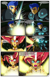 Size: 2331x3600 | Tagged: safe, artist:artemis-polara, flash sentry, sunset shimmer, comic:a battle to save a possessed soul, equestria girls, g4, arm cannon, armor, aura, badass, beam, blade, bleeding, blocking, blood, breasts, cleavage, clothes, comic, commission, corrupted, danger, dark samus, daydream shimmer, defending, destruction, devastation, dress, energy sword, energy weapon, explosion, falling, fear, female, fight, forest, guarding, high res, horn, injured, magic, male, metroid, night, pain, phazon, possessed, red eye, scared, serious, serious face, shocked expression, tree, weapon