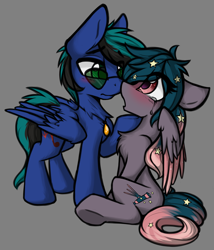 Size: 3162x3696 | Tagged: safe, artist:arjinmoon, oc, oc only, oc:ender, oc:star universe, pegasus, pony, blushing, concerned, crying, duo, ethereal mane, female, high res, hoof on chin, jewelry, looking at each other, male, mare, necklace, open mouth, sitting, stallion, starry mane, stender, sunglasses