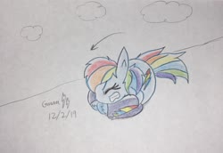 Size: 2238x1537 | Tagged: safe, artist:gmangamer25, rainbow dash, pegasus, pony, g4, arrow, ball, cloud, crossover, curled up, eyes closed, female, gritted teeth, male, mare, rainball, rolling, solo, sonic the hedgehog, sonic the hedgehog (series), spin dash, traditional art