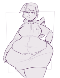 Size: 1493x1948 | Tagged: safe, artist:secretgoombaman12345, twilight sparkle, human, abstract background, bbw, clothes, fat, female, glasses, hand on hip, humanized, large butt, monochrome, sketch, skirt, solo, twilard sparkle, twilight has a big ass, wide hips