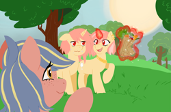 Size: 2257x1483 | Tagged: safe, artist:kdd, oc, oc:dual drafts, oc:duomi drafts, oc:looker loops, earth pony, pony, unicorn, anxious, colored, colored pupils, female, happy, highlights, lineless, male, procreate app, smiling, tree