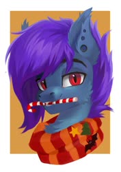 Size: 764x1080 | Tagged: safe, artist:sofiko-ko, oc, oc only, bat pony, pony, bat pony oc, bust, candy, candy cane, christmas, clothes, food, holiday, scarf, solo