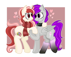 Size: 3000x2423 | Tagged: safe, artist:redpalette, oc, oc only, oc:cotton rose, oc:red palette, pegasus, pony, unicorn, clothes, cute, dancing, female, high res, lesbian, mare, scarf, socks