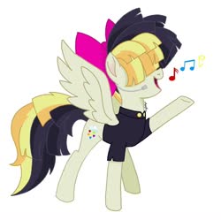 Size: 1080x1075 | Tagged: safe, artist:pegasister_mayaprince, songbird serenade, pegasus, pony, g4, my little pony: the movie, bow, clothes, female, hair bow, hair over eyes, headworn microphone, mare, movie accurate, music notes, open mouth, raised hoof, simple background, singing, smiling, solo, spread wings, white background, wings