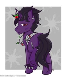 Size: 1280x1496 | Tagged: safe, artist:redpalette, oc, pony, unicorn, artificial wings, augmented, christmas, holiday, holly, male, purple, stallion, unamused, wings