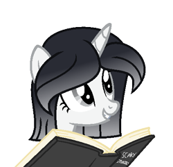 Size: 469x453 | Tagged: safe, artist:darbypop1, oc, oc only, oc:friday the 13th, pony, unicorn, book, female, mare, simple background, solo, transparent background