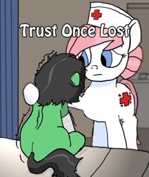 Size: 863x1024 | Tagged: safe, artist:anon3mous1, nurse redheart, oc, earth pony, pony, unicorn, fanfic:trust once lost, g4, bed, broken leg, cast, comforting, cover art, cute, depth of field, duo, facing away, fanfic art, female, filly, hat, hospital, hospital bed, hurt/comfort, injured, mare, missing cutie mark, nurse, nurse hat, panic, panic attack, panicking, pillow, scared, self insert, shaking