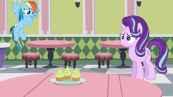 Size: 1920x1080 | Tagged: safe, artist:cloudy glow, artist:jerryakiraclassics19, artist:parclytaxel, rainbow dash, starlight glimmer, pegasus, pony, unicorn, g4, cupcake, female, flying, food, frown, hoof over mouth, mare, scrunchy face, story in the source, worried