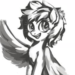 Size: 1745x1745 | Tagged: safe, artist:emerald-light, oc, oc only, pegasus, pony, monochrome, open mouth, smiling, solo, wing wave