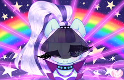 Size: 3078x2000 | Tagged: safe, artist:bunxl, coloratura, earth pony, pony, g4, the mane attraction, blushing, choker, clothes, countess coloratura, female, fog, heart eyes, high res, jacket, jewelry, necklace, one eye closed, ponytail, rainbow, smiling, solo, stage, stars, veil, wingding eyes, wink