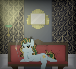 Size: 2200x2000 | Tagged: safe, artist:devfield, oc, oc only, oc:atlas, pony, unicorn, art deco, bedroom eyes, bioshock, cigarette, cigarette holder, couch, cushion, feather, female, glowing, headband, high res, jewelry, lamp, light, looking at you, mare, mirror, necklace, pearl necklace, prone, smiling, smirk, smoke, solo, vignette, wallpaper, wood
