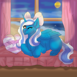Size: 1024x1020 | Tagged: safe, artist:orchidcrystal, oc, oc only, oc:fleurbelle, alicorn, pony, g4, adorabelle, adorable face, alicorn oc, bow, curtains, cute, female, hair bow, horn, mare, moon, moonlight, ocbetes, ocean, one eye closed, pillow, pretty, prone, sand, smiling, window, wink