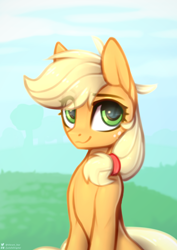 Size: 2480x3507 | Tagged: safe, artist:justafallingstar, applejack, earth pony, pony, g4, bust, colored sketch, cute, eye clipping through hair, female, hatless, high res, jackabetes, mare, missing accessory, redraw, sitting, smiling, solo