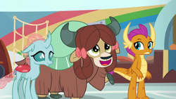 Size: 1920x1080 | Tagged: safe, screencap, ocellus, smolder, yona, changedling, changeling, dragon, yak, 2 4 6 greaaat, g4, bow, cloven hooves, dragoness, female, hair bow, mare, monkey swings, trio