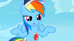 Size: 1920x1080 | Tagged: safe, screencap, rainbow dash, pony, 2 4 6 greaaat, g4, coach rainbow dash, female, lidded eyes, solo, whistle, whistle necklace