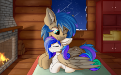 Size: 1920x1200 | Tagged: safe, artist:lunar froxy, oc, oc only, oc:laconic nocturne, oc:spectral bolt, pegasus, pony, body freckles, chest fluff, chest freckles, ear fluff, eye clipping through hair, eyes closed, female, fireplace, freckles, hug, male, mare, oc x oc, shipping, snow, stallion, window, winghug, winter