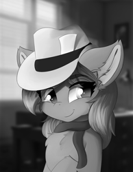 Size: 933x1200 | Tagged: safe, alternate version, artist:lunar froxy, oc, oc only, oc:blue violet, pony, black and white, detective, eye clipping through hair, female, grayscale, hat, mare, monochrome, noir, smiling, smirk