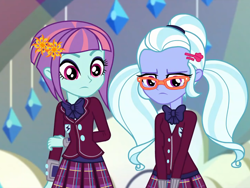Size: 1440x1080 | Tagged: safe, screencap, sugarcoat, sunny flare, dance magic, equestria girls, equestria girls specials, g4, bowtie, clothes, crystal prep academy uniform, female, glasses, hairclip, looking at you, pigtails, plaid skirt, pleated skirt, school uniform, skirt, unamused