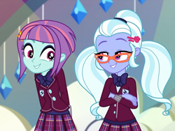 Size: 1440x1080 | Tagged: safe, screencap, sugarcoat, sunny flare, dance magic, equestria girls, equestria girls specials, g4, adoraflare, bowtie, clothes, crystal prep academy uniform, cute, female, glasses, hairclip, looking at each other, pigtails, plaid skirt, pleated skirt, school uniform, skirt, smiling