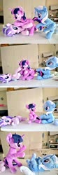 Size: 1024x3070 | Tagged: safe, artist:nekokevin, starlight glimmer, trixie, twilight sparkle, pony, unicorn, series:nekokevin's glimmy, g4, bipedal, comic, female, holding, irl, looking back, lying down, mare, on top, open mouth, photo, plushie, raised hoof, smiling, tail, tail pull, unicorn twilight