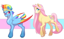 Size: 2803x1711 | Tagged: safe, artist:lleeckranistll, fluttershy, rainbow dash, earth pony, pegasus, pony, g4, colored wings, duo, earth pony fluttershy, female, fluttershy (g5 concept leak), g5 concept leak style, g5 concept leaks, hooves, jewelry, mare, multicolored wings, rainbow dash (g5 concept leak), rainbow wings, redesign, simple background, tiara, wings
