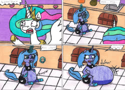 Size: 1280x921 | Tagged: safe, artist:eternaljonathan, princess celestia, princess luna, alicorn, pony, comic:first three back, g4, balloona, belly, belly expansion, canterlot, canterlot castle, comic, drinking, food baby, glass, glass of water, growth, huge belly, inflation, kitchen, levitation, magic, royal sisters, stomach growl, stomach noise, stuffed, telekinesis, traditional art, water