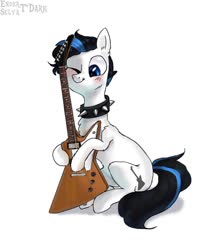 Size: 1022x1224 | Tagged: safe, artist:enderselyatdark, oc, oc only, pony, collar, cute, guitar, musical instrument, one eye closed, simple background, solo, spiked collar, white background