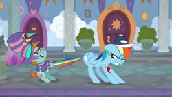 Size: 1920x1080 | Tagged: safe, screencap, rainbow dash, snips, pegasus, pony, unicorn, 2 4 6 greaaat, g4, baseball cap, cap, clothes, coach rainbow dash, colt, duo, duo male and female, face paint, female, flag, foal, gritted teeth, hat, male, mare, one eye closed, open mouth, rainbow dash is not amused, rainbow dashs coaching whistle, school of friendship, snips is not amused, tail, tail pull, teeth, unamused, whistle, whistle necklace