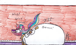 Size: 1024x607 | Tagged: safe, artist:eternaljonathan, princess celestia, alicorn, golem, pony, comic:tasty trouble, g4, belly, belly bed, cake, comic, food, impossibly large belly, inflation, ink, stuffing, traditional art