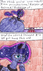 Size: 882x1459 | Tagged: safe, artist:eternaljonathan, princess luna, alicorn, golem, pony, comic:tasty trouble, g4, belly, belly bed, cake, comic, food, impossibly large belly, ink, stuffed, traditional art