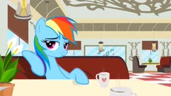 Size: 1920x1080 | Tagged: safe, artist:klaifferon, screencap, rainbow dash, pegasus, pony, g4, the saddle row review, bedroom eyes, booth, cafe, diner, female, hooves on the table, looking at you, mare, mug, sexy, sitting, smiling, solo, table