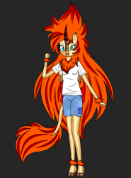 Size: 3024x4077 | Tagged: safe, artist:blossomblaze, oc, oc:blossomblaze, kirin, anthro, anthro oc, blue eyes, bow, clothes, digital art, equine, female, happy, horn, kirin oc, long hair, long tail, looking at you, orange hair, red hair, scales, shirt, shorts, standing, tail bow, wings