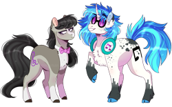 Size: 1385x861 | Tagged: safe, artist:wanderingpegasus, dj pon-3, octavia melody, vinyl scratch, earth pony, pony, unicorn, g4, alternate hairstyle, bowtie, chest fluff, cloven hooves, coat markings, dappled, ear fluff, female, freckles, glasses, grin, headphones, lesbian, mare, markings, raised hoof, redesign, ship:scratchtavia, shipping, simple background, size difference, smiling, transparent background, unshorn fetlocks, vinyl's glasses