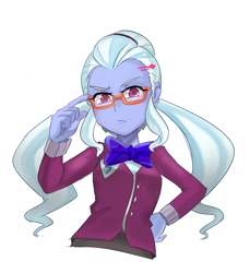 Size: 1077x1177 | Tagged: safe, artist:tzc, sugarcoat, equestria girls, g4, my little pony equestria girls: friendship games, bowtie, clothes, crystal prep academy uniform, female, glasses, hairclip, looking at you, pigtails, school uniform, simple background, solo, white background