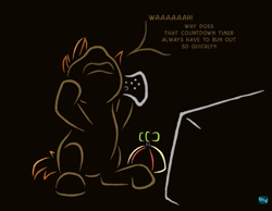 Size: 643x500 | Tagged: safe, artist:quint-t-w, button mash, earth pony, pony, g4, beanie hat, controller, dialogue, gradient background, male, old art, screaming, screen, solo