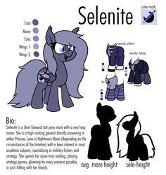 Size: 2004x2123 | Tagged: safe, artist:moonatik, oc, oc only, oc:selenite, bat pony, pony, bat pony oc, bisexuality, business suit, clothes, cute, cute little fangs, fangs, female, high res, long mane, mare, military uniform, pajamas, reference sheet, shirt, short, simple background, skirt, slit pupils, small pony, smiling, smol, socks, solo, striped socks, text, tights, white background