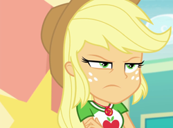 Size: 1176x870 | Tagged: safe, screencap, applejack, equestria girls, equestria girls specials, g4, my little pony equestria girls: better together, my little pony equestria girls: rollercoaster of friendship, angry, angry look, applejack is not amused, clothes, collar, cowboy hat, crossed arms, female, hat, lidded eyes, narrowed eyes, shirt, teenager, unamused