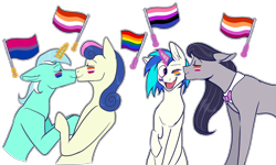 Size: 2000x1200 | Tagged: safe, artist:malphym, bon bon, dj pon-3, lyra heartstrings, octavia melody, sweetie drops, vinyl scratch, earth pony, pony, unicorn, g4, bisexual pride flag, boop, bowtie, cheek kiss, eyes closed, face paint, female, flag, gay pride flag, gender headcanon, genderfluid, genderfluid pride flag, glowing horn, headcanon, horn, hug, kissing, lesbian, lesbian pride flag, levitation, lgbt headcanon, magic, makeup, mare, noseboop, one eye closed, open mouth, pride, pride flag, raised hoof, sexuality headcanon, ship:lyrabon, ship:scratchtavia, shipping, simple background, telekinesis, transparent background, wink