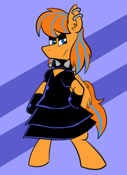 Size: 576x792 | Tagged: safe, artist:pembroke, oc, oc:cold front, pegasus, pony, angry, clothes, collar, crossdressing, dress, ear piercing, earring, eyeshadow, gothic lolita, jewelry, lolita fashion, looking at you, makeup, pegasus oc, piercing, simple background, spiked collar