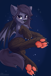 Size: 2000x3000 | Tagged: safe, artist:shadowreindeer, oc, oc only, oc:nyn indigo, original species, timber pony, timber wolf, bat wings, commission, dock, high res, looking at you, paw pads, paws, solo, species swap, underpaw, wings, ych result